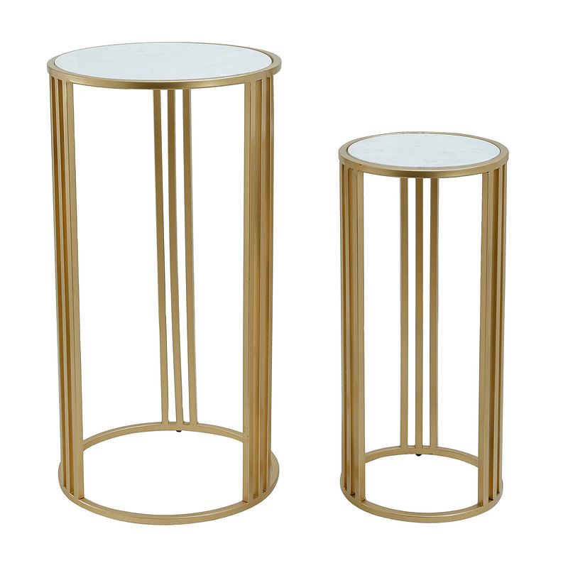 Foto van Ptmd lacu gold iron side table round stone top sv2