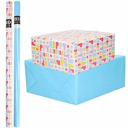 Foto van 4x rollen kraft inpakpapier happy birthday pakket - blauw 200 x 70 cm - cadeaupapier