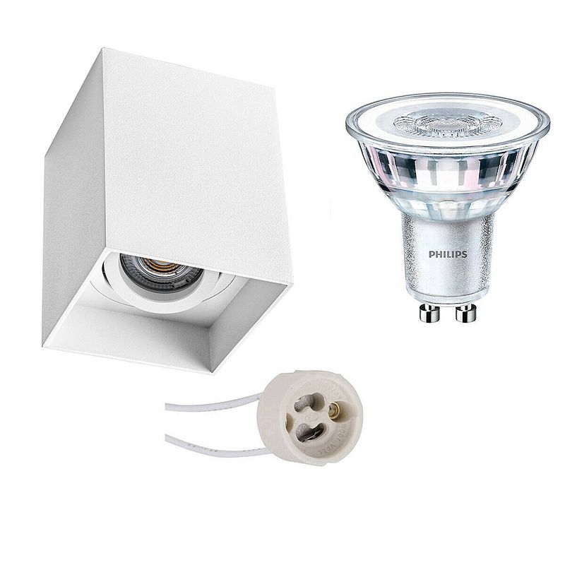 Foto van Opbouwspot set - pragmi luxina pro - gu10 fitting - opbouw vierkant - mat wit - verdiept - kantelbaar - 90mm - philips -