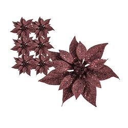 Foto van 6x stuks decoratie bloemen kerstster donkerrood glitter op clip 18 cm - kunstbloemen