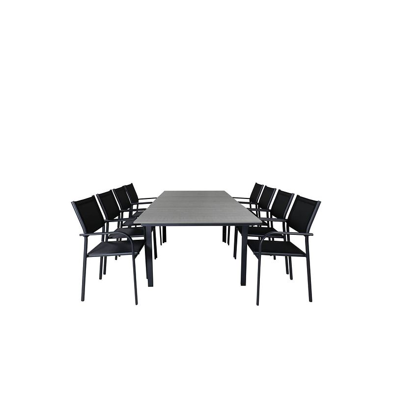 Foto van Levels tuinmeubelset tafel 100x160/240cm en 8 stoel santorini zwart, grijs.