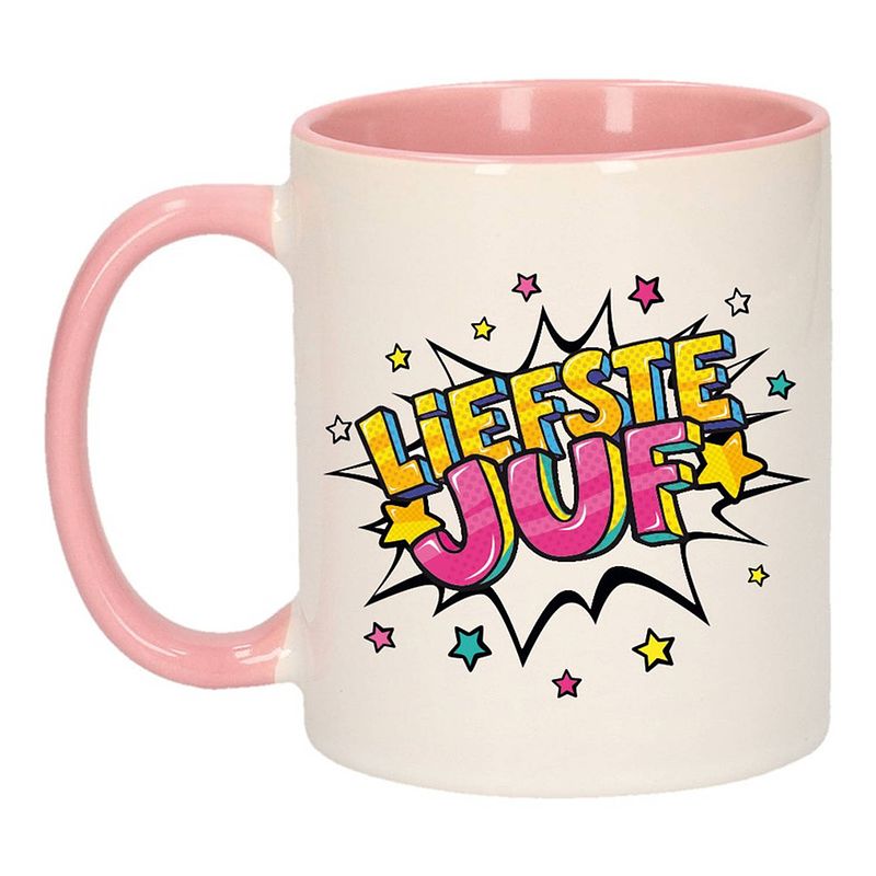 Foto van Liefste juf cadeau mok / beker wit en roze 300 ml - feest mokken