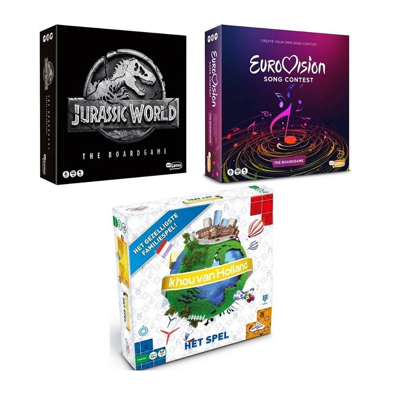 Foto van Spellenbundel - 3 stuks - jurassic world the boardgame & eurovisie songfestival spel & de slimste mens ter wereld