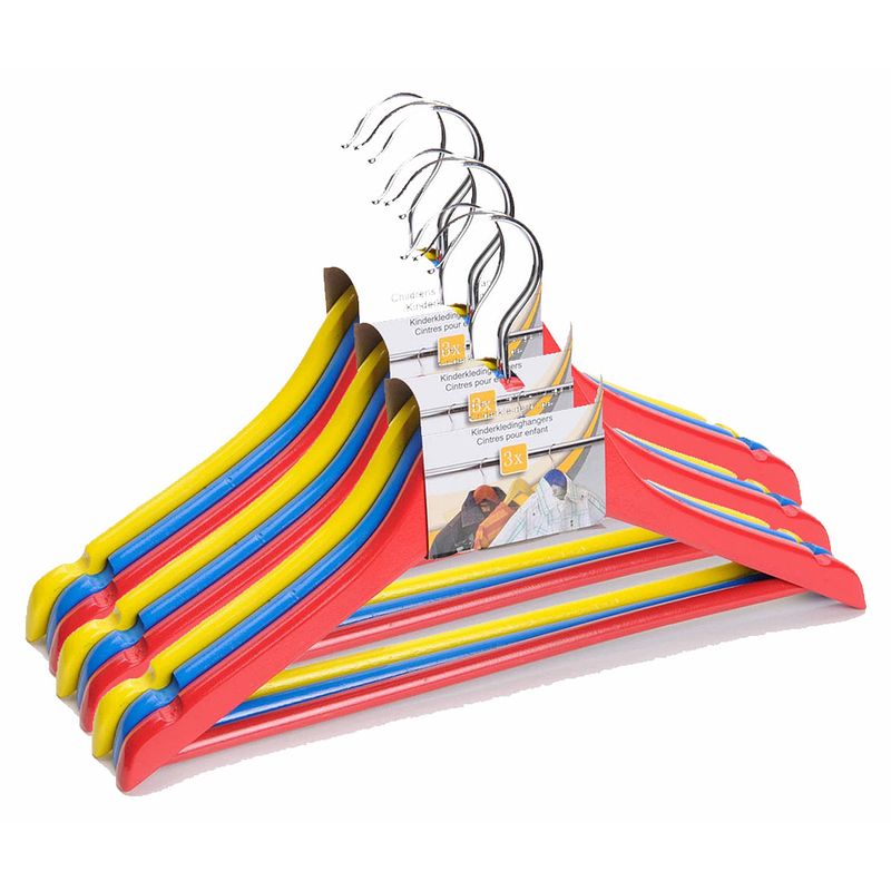 Foto van Gekleurde kinder kleerhangers van hout 24x stuks - kledinghangers