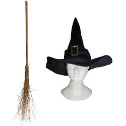 Foto van Funny fashion heksen verkleed set voor dames - luxe heksenhoed met bezem van 110 cm - verkleedhoofddeksels