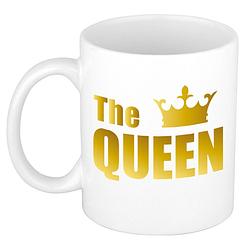 Foto van The queen cadeau mok / beker wit met gouden kroon en letters 300 ml - feest mokken