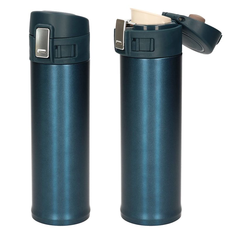 Foto van 2x stuks rvs thermoflessen / isoleerflessen voor onderweg petrol blauw 450 ml - thermosflessen