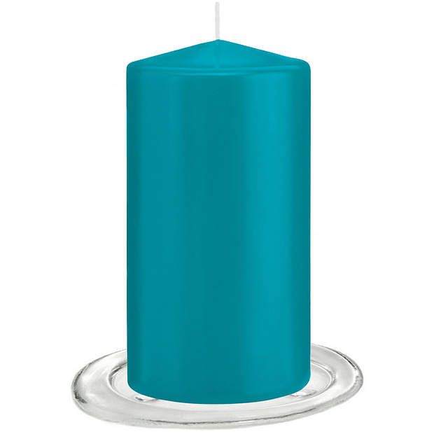 Foto van Trend candles - stompkaarsen met glazen onderzetters set van 2x stuks - turquoise blauw 8 x 15 cm - stompkaarsen