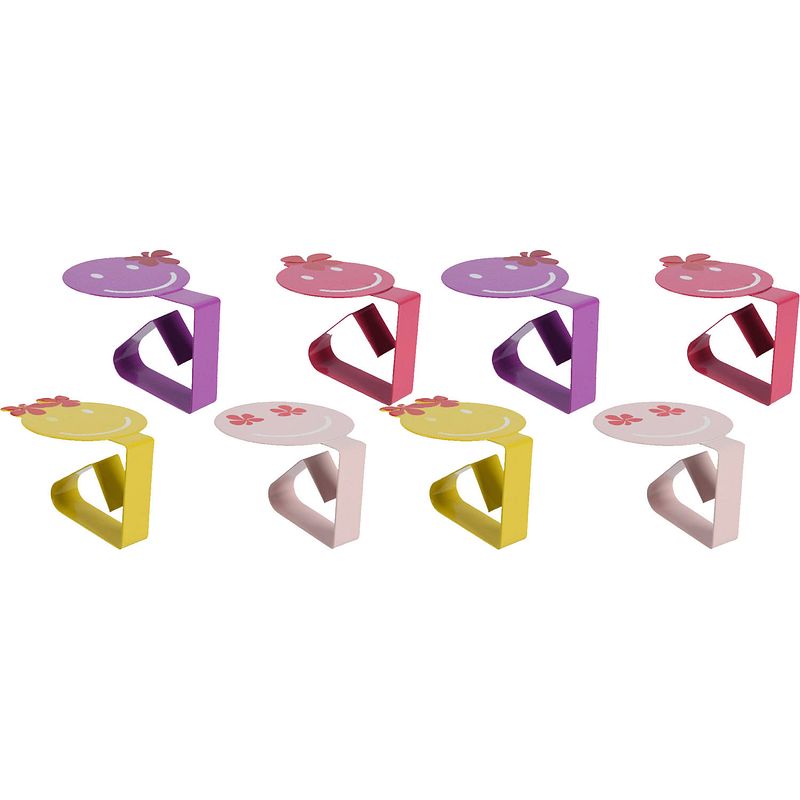 Foto van Decoris tafelkleedklemmen - 8x - smileys - roze - ijzer - 7 x 5 cm - tafelkleedklemmen