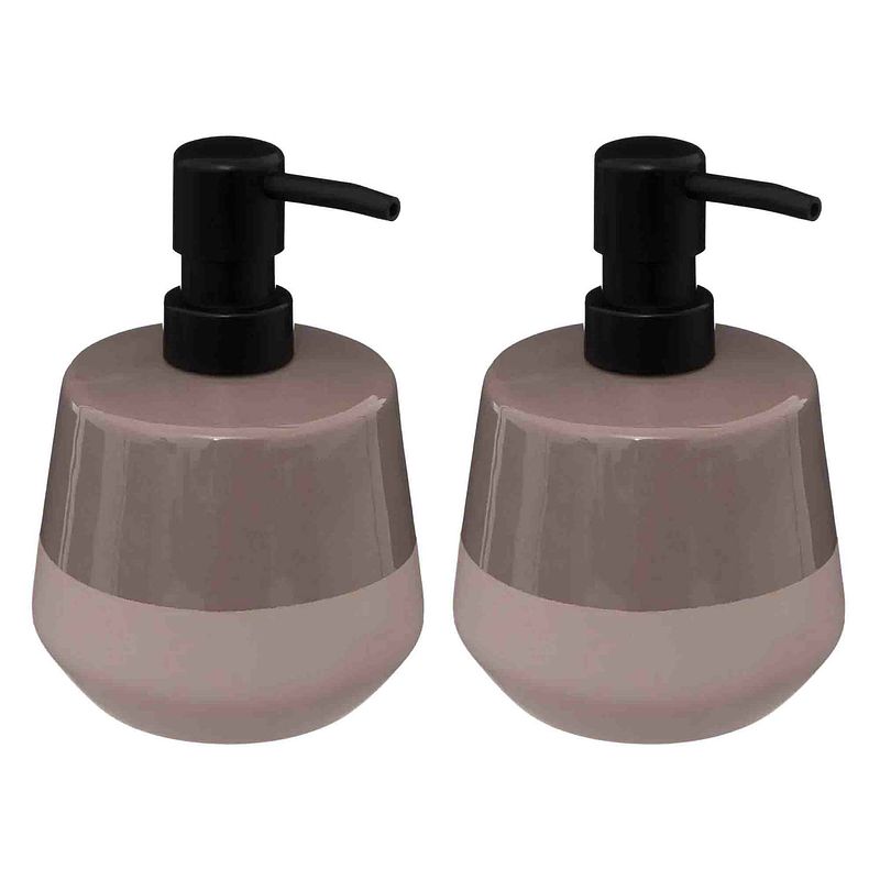 Foto van 2x stuks zeeppompjes/zeepdispensers van keramiek - taupe - 440 ml - zeeppompjes