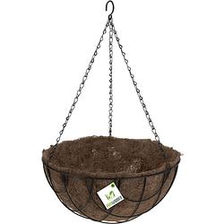 Foto van Metalen hanging basket / plantenbak zwart met ketting 30 cm - hangende bloemen - plantenbakken