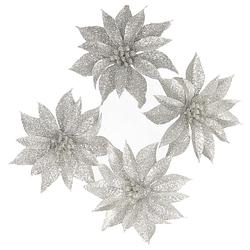 Foto van 4x stuks kerstboom decoratie bloemen op clip zilver glitter 9.5 cm - kersthangers