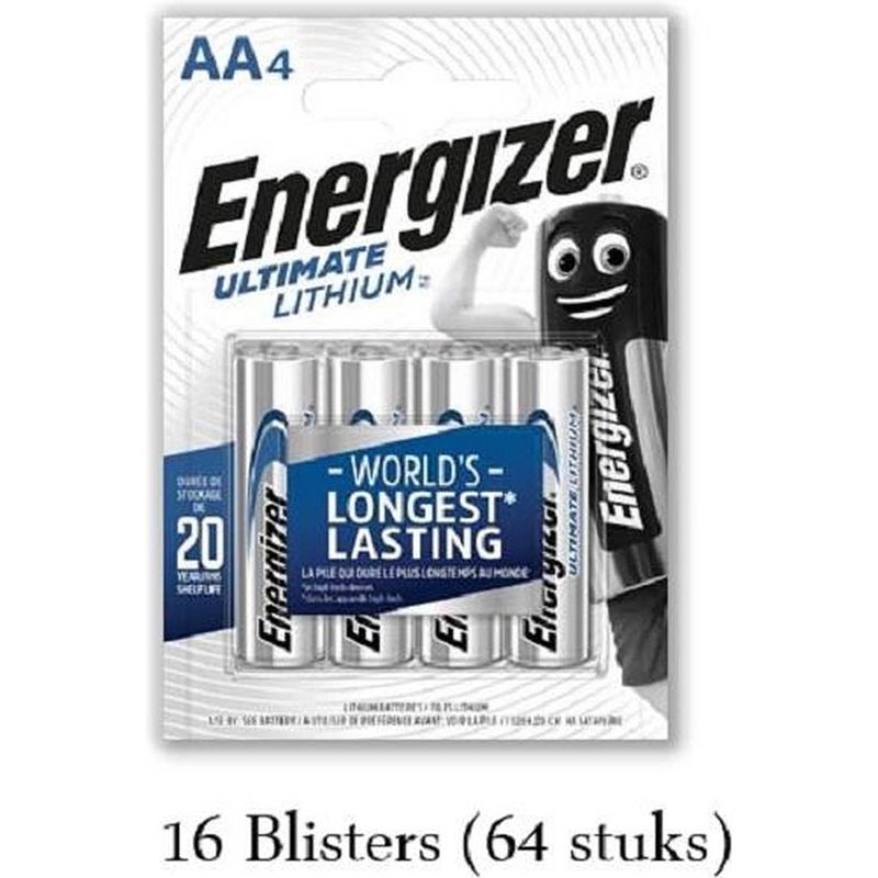 Foto van 64 stuks (16 blisters a 4 stuks) energizer lithium aa/l91 1.5v 4pack