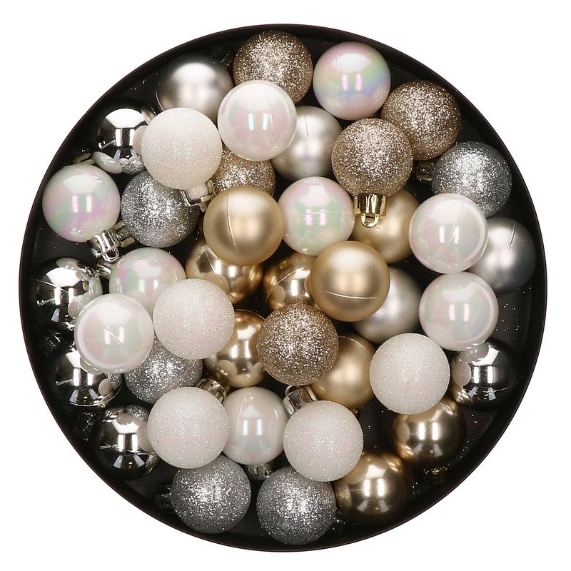 Foto van 48x stuks kunststof kerstballen mix champagne beige/zilver/wit 4 cm - kerstbal