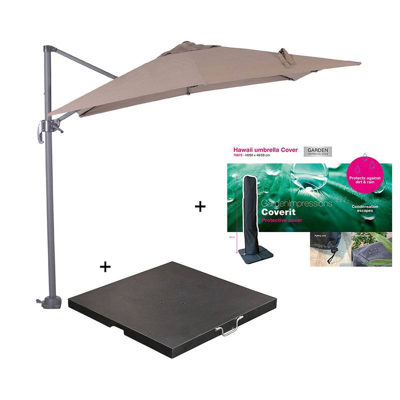 Foto van Garden impressions hawaii zweefparasol s 250x250 - donker grijs/taupe met 60 kg parasolvoet en parasolhoes