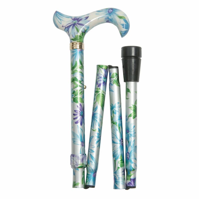 Foto van Classic canes opvouwbare wandelstok - blauwgroen met bloemen - aluminium - derby handvat - lengte 82 - 92 cm