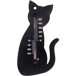 Foto van Binnen/buiten thermometer zwarte kat/poes 15 cm - tuindecoratie dieren - katten/poezen artikelen - buitenthemometers