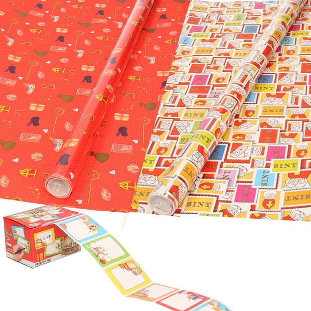 Foto van Sinterklaas inpakpapier/cadeaupapier 6x rollen en 50 naam stickers - cadeaupapier