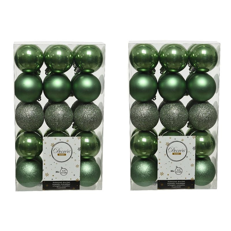 Foto van 60x stuks kunststof kerstballen salie groen (sage) 6 cm glans/mat/glitter - kerstbal