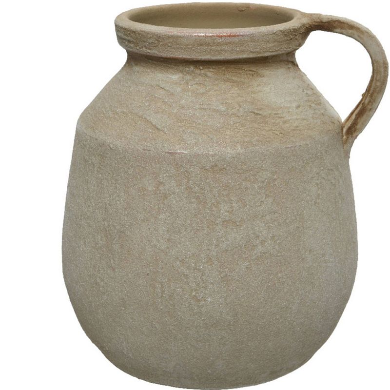 Foto van Vaas kruik/fles model - vintage - terracotta - creme wit - d22 x h25 cm - vazen