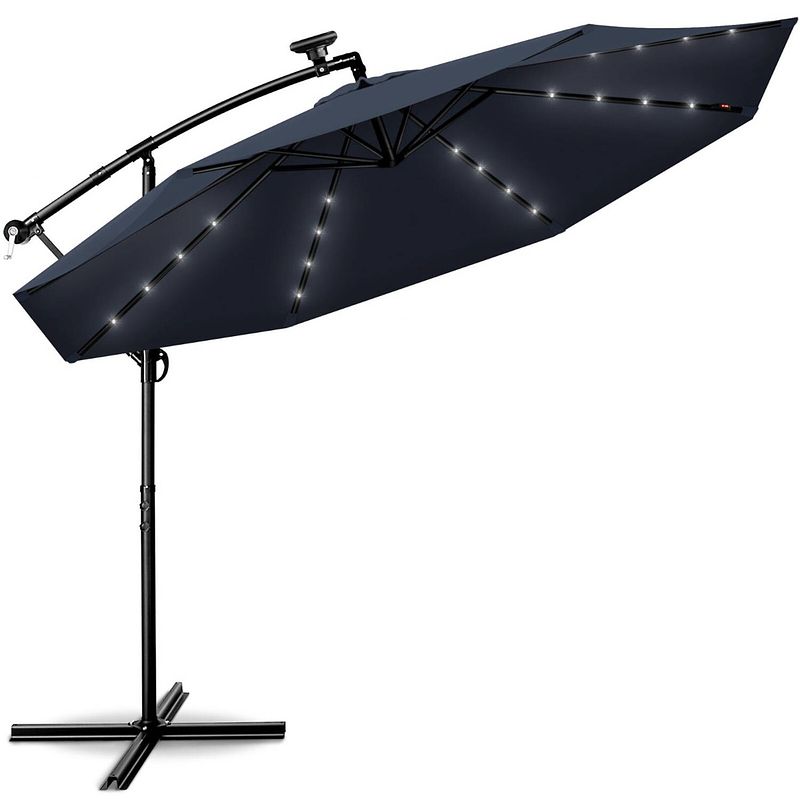 Foto van Tillvex - parasol led solar ø 3m, blauw vrijdragende parasol balkon tuinparasol slinger aluminium