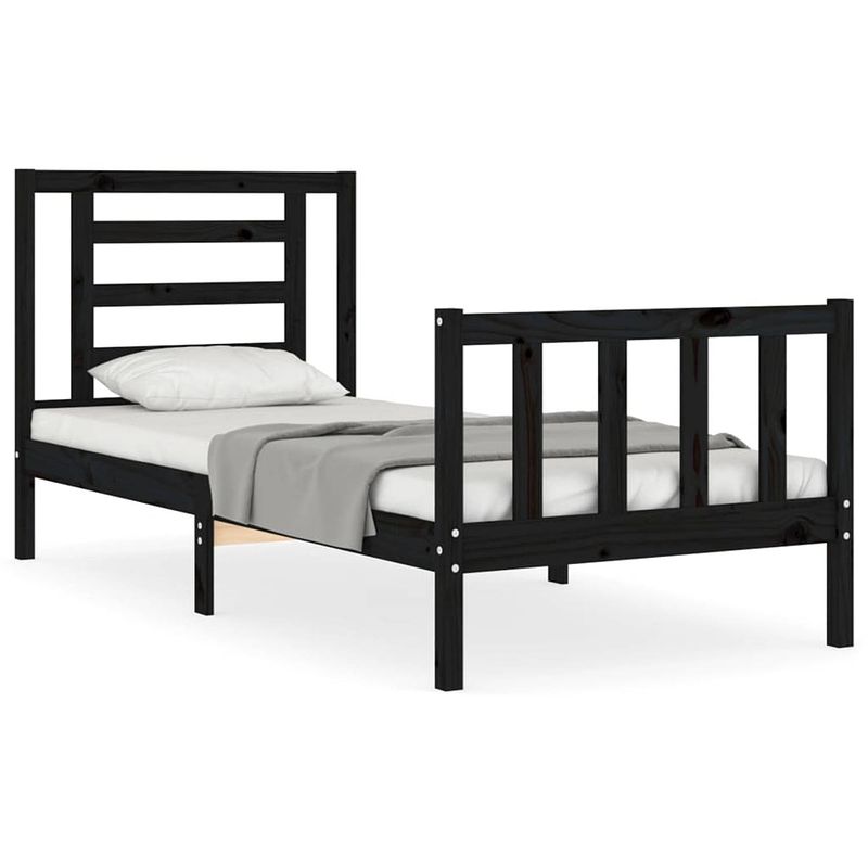 Foto van The living store massief grenenhouten bedframe - zwart - 205.5 x 95.5 x 100 cm - multiplex lattenbodem