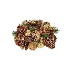 Foto van Kerst thema kaarsenhouder ornament bruin met goud nature 18 cm - waxinelichtjeshouders