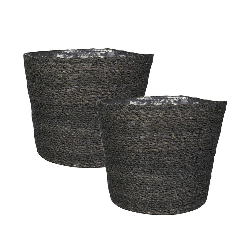 Foto van Set van 2x stuks plantenpot/bloempot van jute/zeegras diameter 18 cm en hoogte 16 cm grijs - plantenpotten