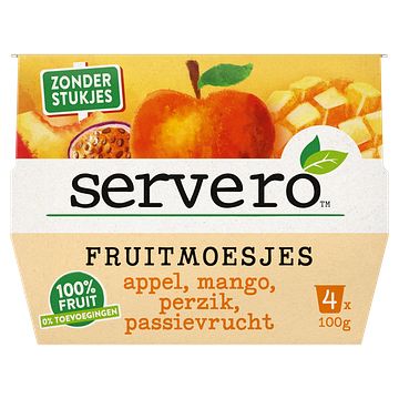 Foto van Servero fruitmoesjes appel, mango, perzik, passievrucht 4 x 100g bij jumbo