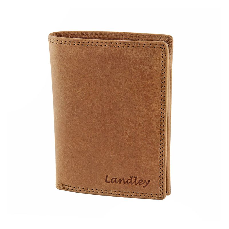 Foto van Landley vintage leren billfold rfid portemonnee - dames en heren portefeuille - staand model - echt pull-up leer - bruin