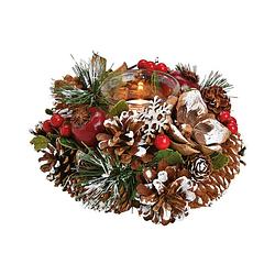 Foto van Kerst thema kaarsenhouder ornament bruin/rood van hout 18 cm - kerststukjes