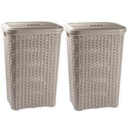 Foto van Set van 2x wasmand rotan met deksel van 60 liter 35 x 43 x 62 cm taupe - wasmanden