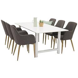 Foto van Countwh eethoek eetkamertafel wit en 6 comfort eetkamerstal grijs, eik decor.