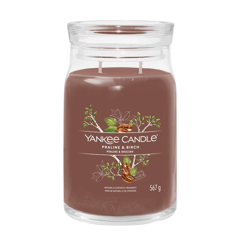 Foto van Yankee candle geurkaars large - met 2 lonten - praline & birch - 16 cm / ø 9 cm