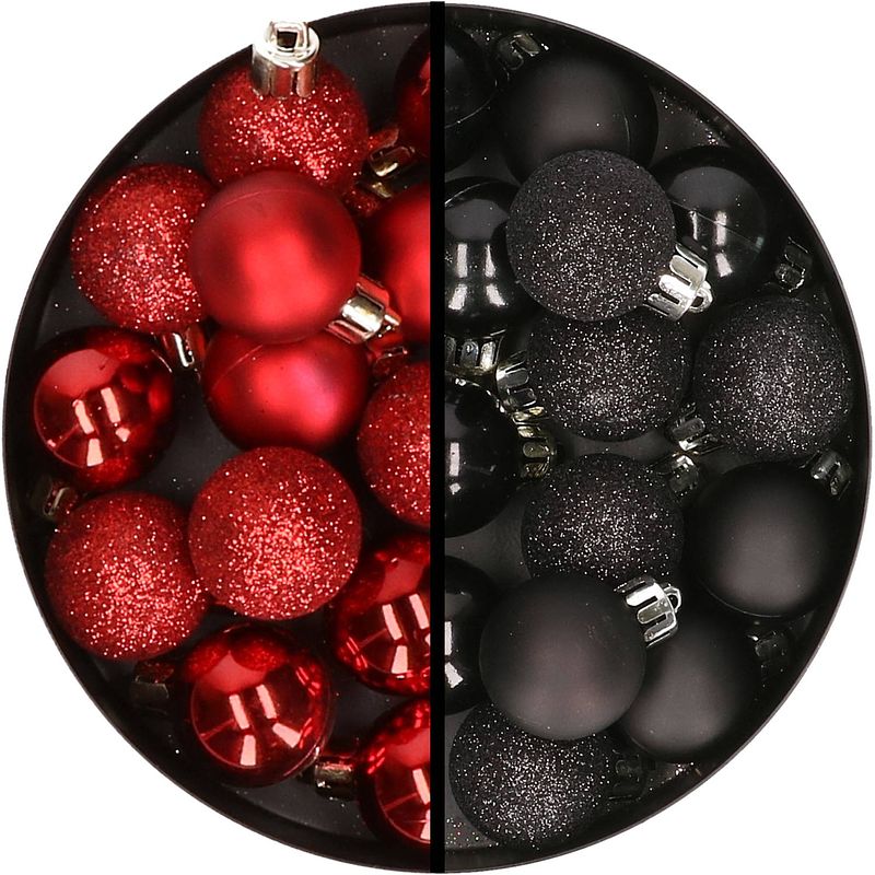 Foto van 34x stuks kunststof kerstballen rood en zwart 3 cm - kerstbal