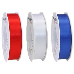 Foto van Satijn cadeau/hobby sierlinten 2,5cm x 25m- set 3x - rood/wit/blauw - cadeaulinten