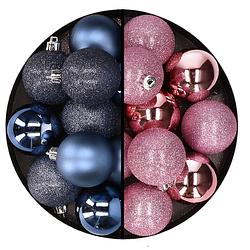 Foto van 24x stuks kunststof kerstballen mix van donkerblauw en roze 6 cm - kerstbal