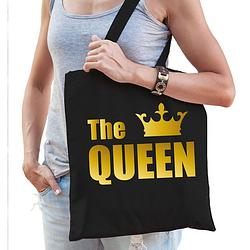 Foto van The queen tas / shopper zwart katoen met gouden tekst en kroon voor dames - feest boodschappentassen