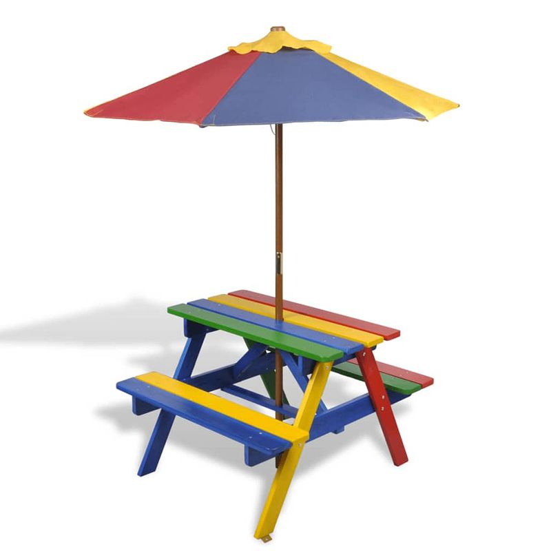 Foto van Vidaxl kinderpicknicktafel met banken en parasol hout meerkleurig