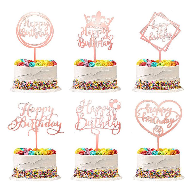 Foto van Fissaly® 6 stuks rosé gouden happy birthday taarttopper & caketopper set - taartversiering - decoratie topper