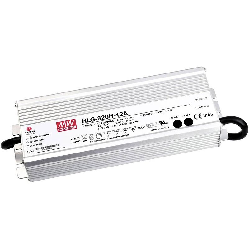 Foto van Mean well hlg-320h-15a led-driver, led-transformator constante spanning, constante stroomsterkte 285 w 19 a 15 v/dc pfc-schakeling, overbelastingsbescherming,