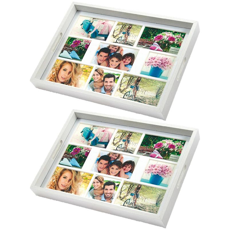 Foto van 2x stuks houten foto dienblad wit 45 x 35 cm met 9 foto in diverse maten - dienbladen