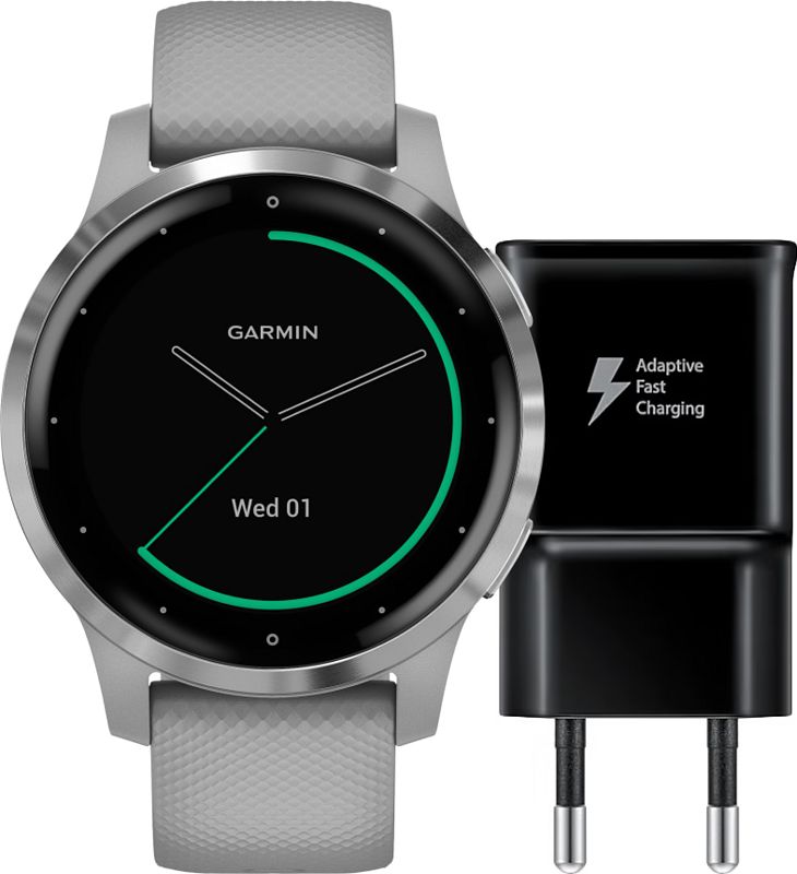 Foto van Garmin vivoactive 4s zilver/grijs 40 mm + samsung adaptive fast charging oplader met usb a