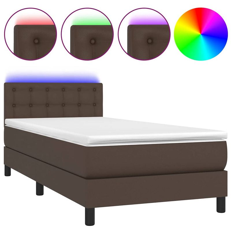 Foto van The living store boxspring bed - led-verlichting - kunstleer - bruin - 203x90x78/88 cm