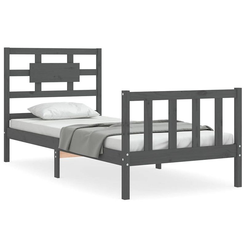 Foto van The living store massief grenenhouten bedframe - grijs - 195.5 x 95.5 x 100 cm - multiplex lattenbodem