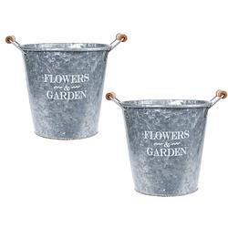 Foto van 2x stuks metalen emmers/plantenpotten zilver met houten handvat 14 liter d24 x h25 cm - ijzeren emmer / teil