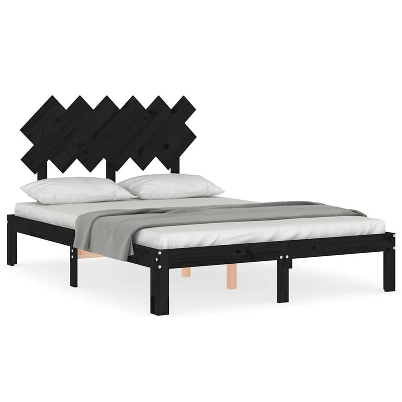 Foto van The living store bedframe - massief grenenhout - 203.5 x 123.5 x 80.5 cm - multiplex lattenbodem - zwart