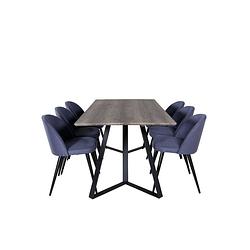 Foto van Marinagrbl eethoek eetkamertafel el hout decor grijs en 6 velvet eetkamerstal blauw.