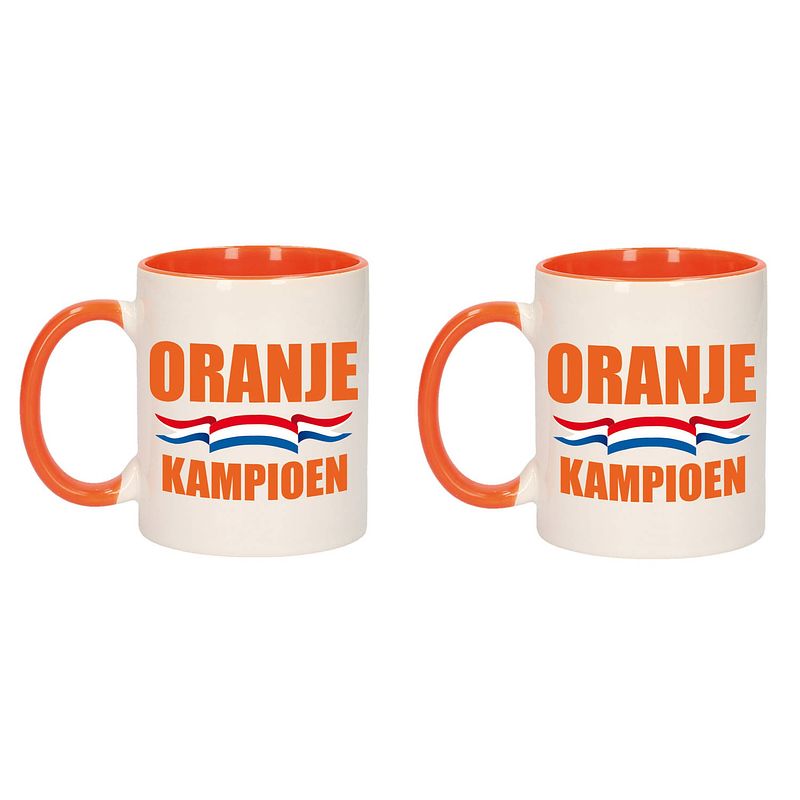 Foto van 2x stuks oranje kampioen mok/ beker oranje wit 300 ml - feest mokken