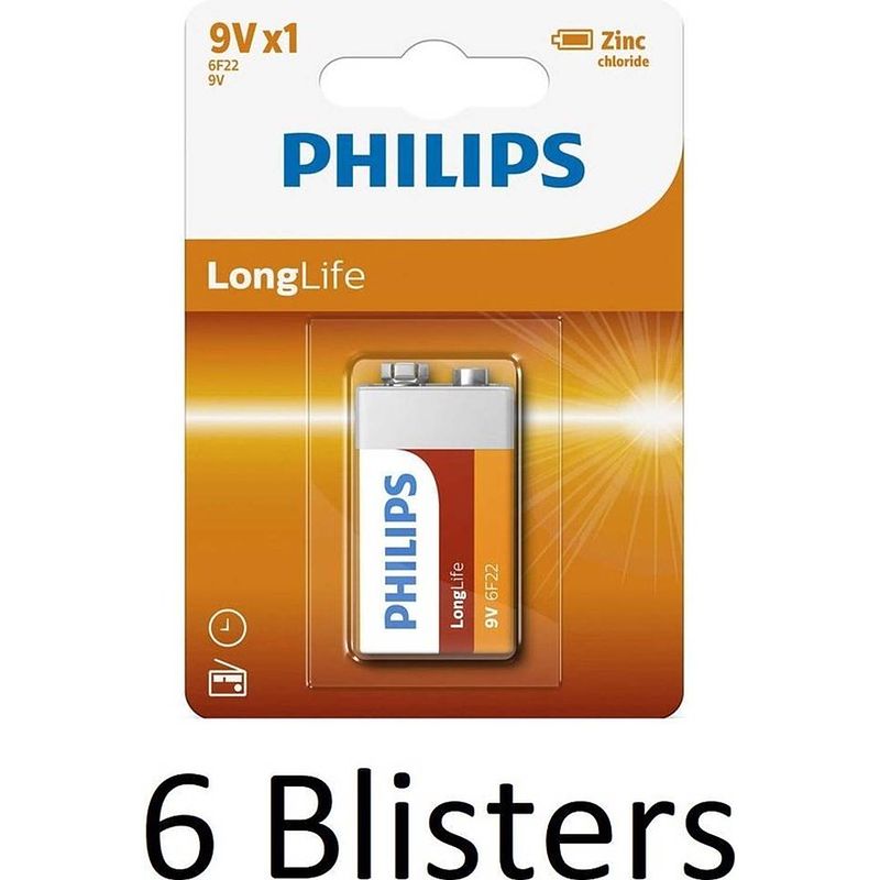 Foto van 6 stuks (6 blisters a 1 st) philips longlife 9v batterijen